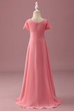 Mousseline de soie corail à manches courtes Une ligne Junior Demoiselle d’honneur Robe avec Bowknot