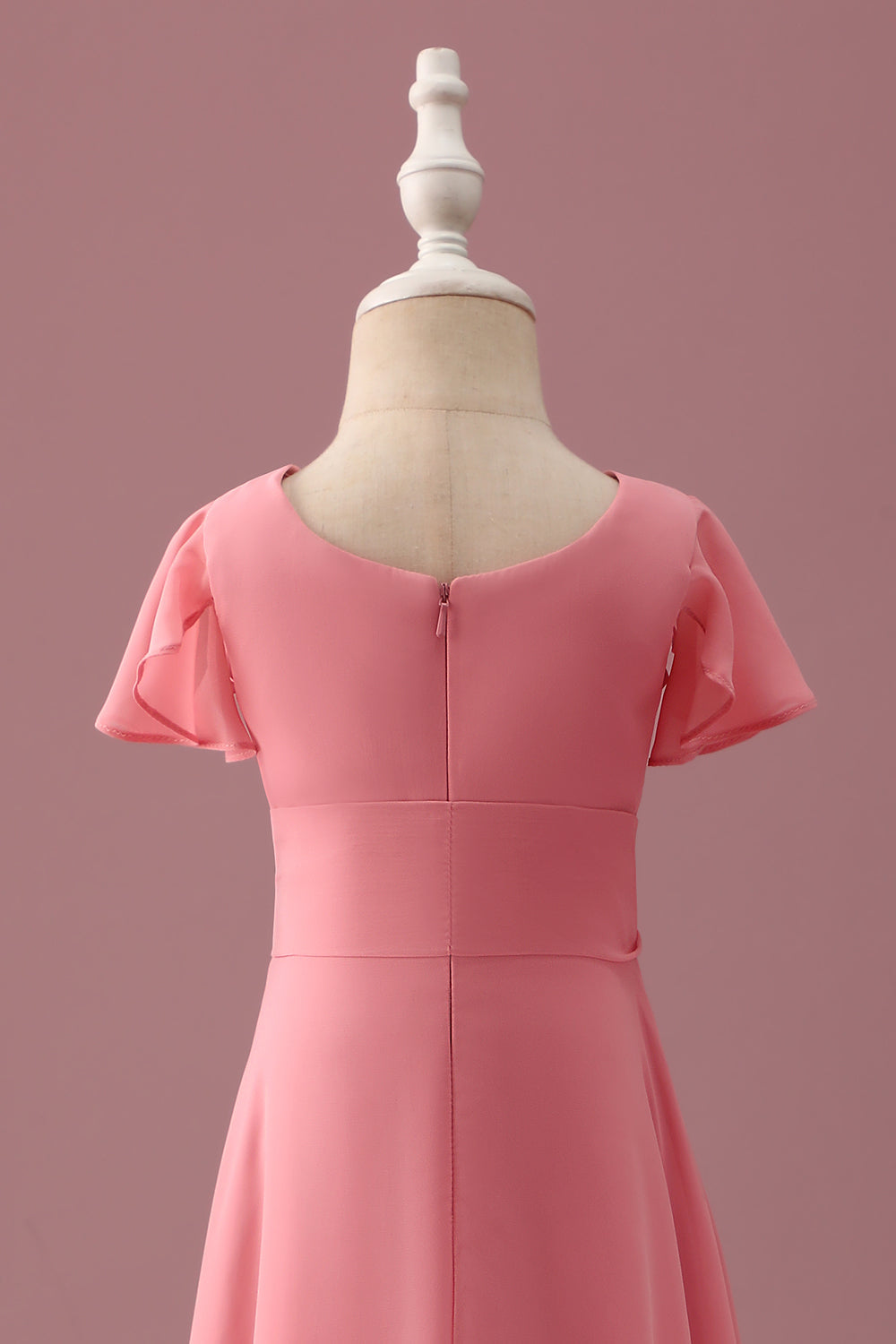 Mousseline de soie corail à manches courtes Une ligne Junior Demoiselle d’honneur Robe avec Bowknot