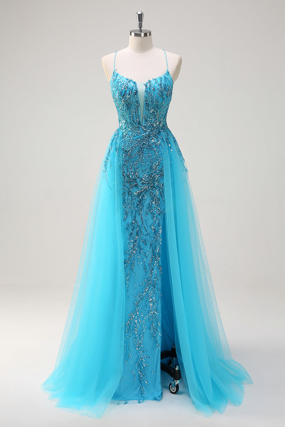 Robe de Soirée longue à paillettes à bretelles spaghetti bleu scintillant avec cape latérale