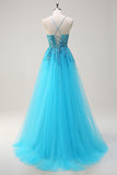 Robe de Soirée longue à paillettes à bretelles spaghetti bleu scintillant avec cape latérale