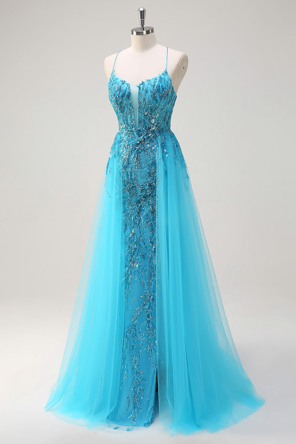 Robe de Soirée longue à paillettes à bretelles spaghetti bleu scintillant avec cape latérale