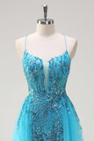 Robe de Soirée longue à paillettes à bretelles spaghetti bleu scintillant avec cape latérale