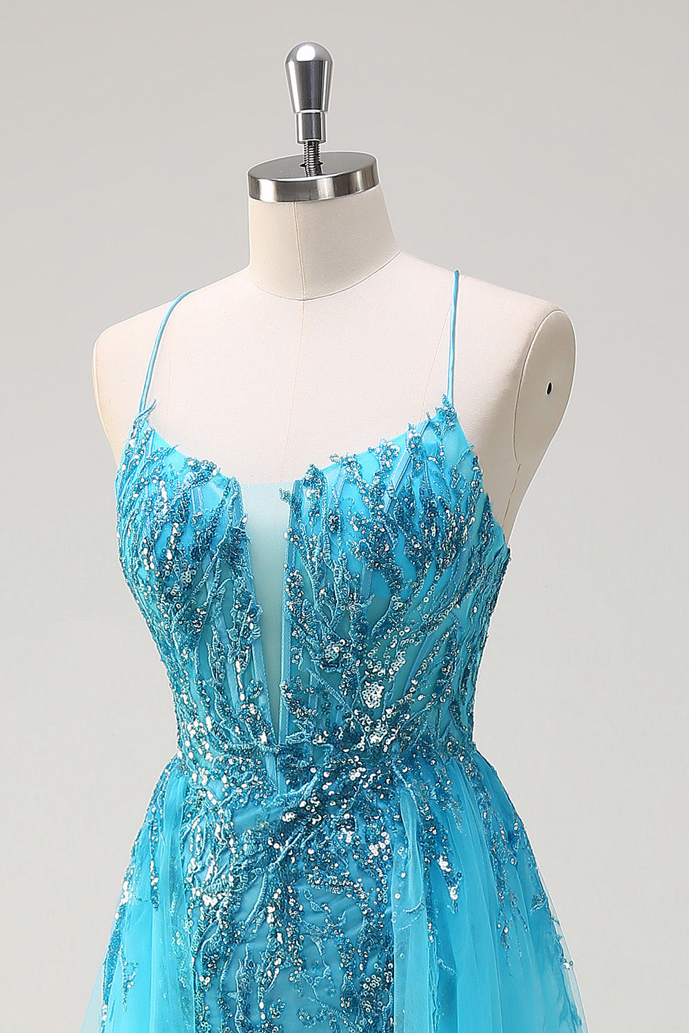 Robe de Soirée longue à paillettes à bretelles spaghetti bleu scintillant avec cape latérale