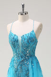 Robe de Soirée longue à paillettes à bretelles spaghetti bleu scintillant avec cape latérale