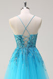 Robe de Soirée longue à paillettes à bretelles spaghetti bleu scintillant avec cape latérale