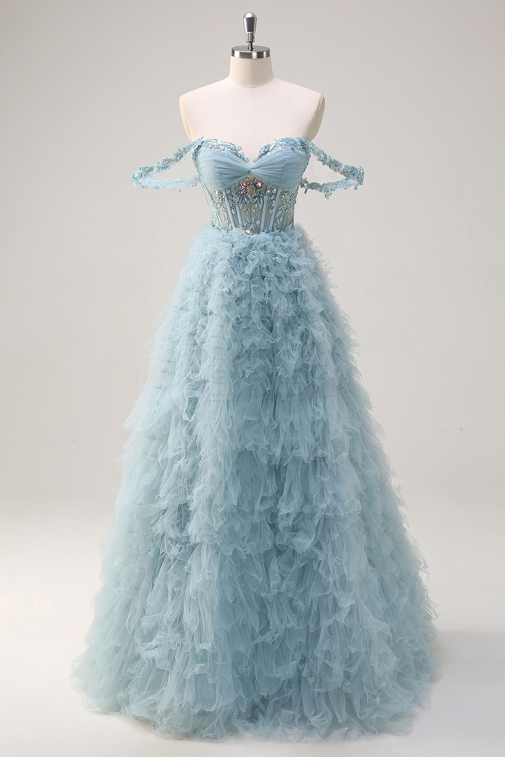 Dusty Blue Princess Off the Shoulder Sheer Corset Robe de Soirée Longue avec Volants