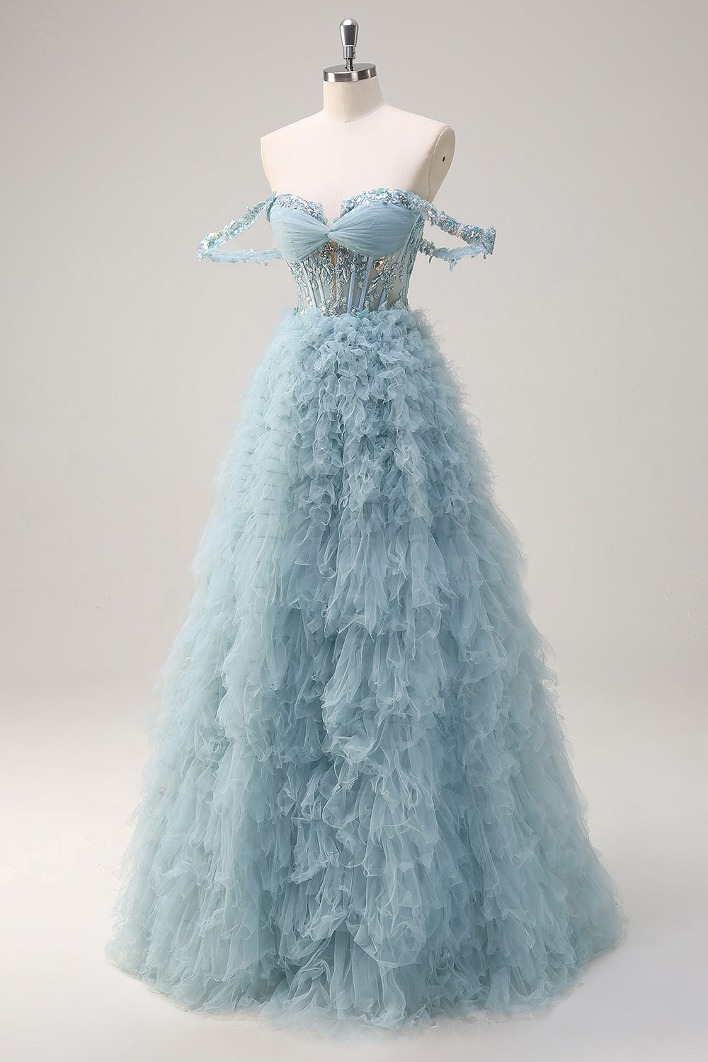 Dusty Blue Princess Off the Shoulder Sheer Corset Robe de Soirée Longue avec Volants