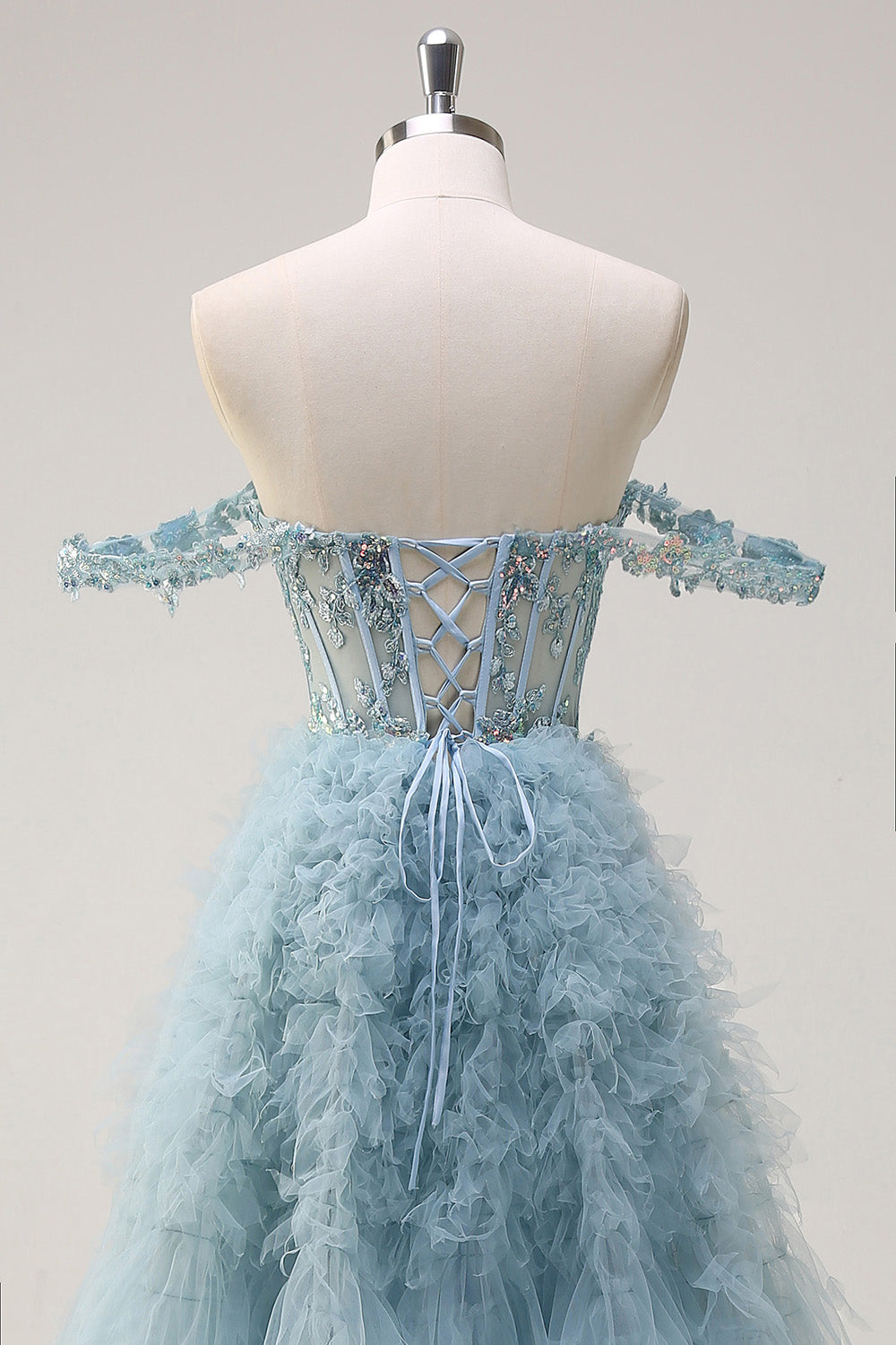 Dusty Blue Princess Off the Shoulder Sheer Corset Robe de Soirée Longue avec Volants