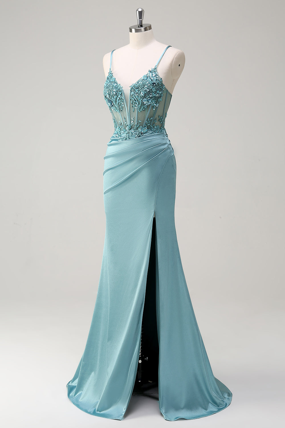 Robe de soirée corset sirène bleu scintillant avec fente