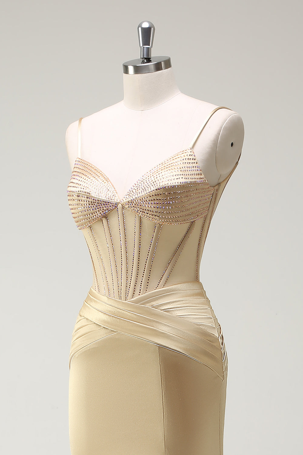 Sirène scintillante spaghetti bretelles Corset doré Robe de soirée longue avec fente