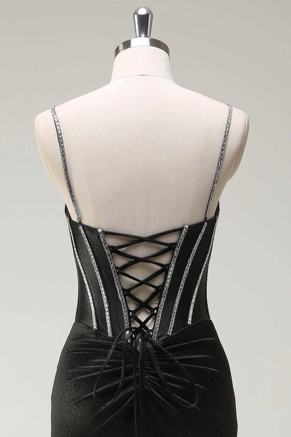 Sirène noire spaghetti bretelles Corset Robe longue de Soirée avec fente