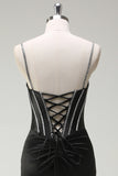 Sirène noire spaghetti bretelles Corset Robe longue de Soirée avec fente