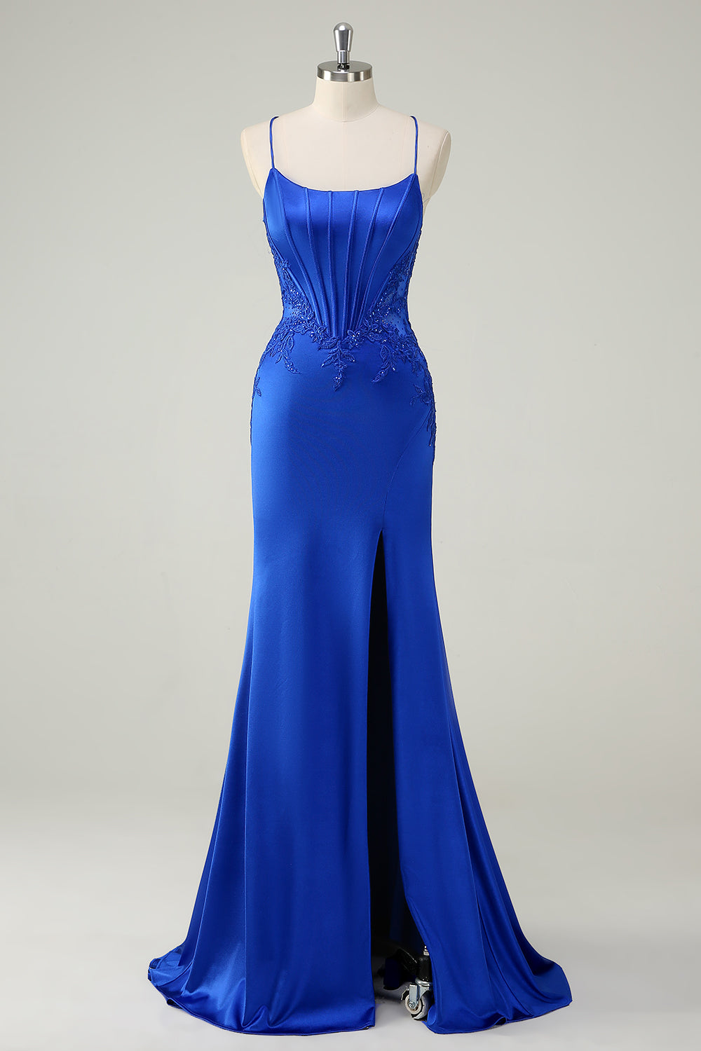Bleu royal Sirène Corset Spaghetti Bretelles Applique Robe Longue De Soirée
