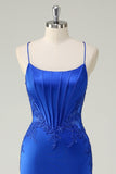 Bleu royal Sirène Corset Spaghetti Bretelles Applique Robe Longue De Soirée