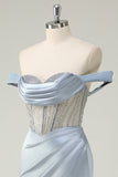 Corset sirène bleu poussiéreux hors de l’épaule Robe longue de Soirée avec fente
