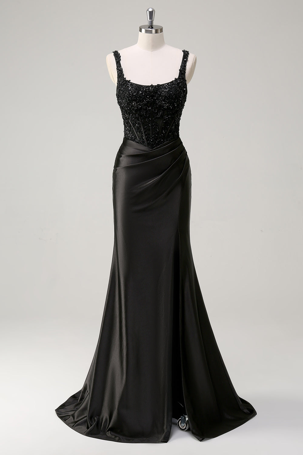 Noir fourreau spaghetti bretelles Corset perlé Robe de soirée avec fente