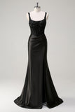 Noir fourreau spaghetti bretelles Corset perlé Robe de soirée avec fente
