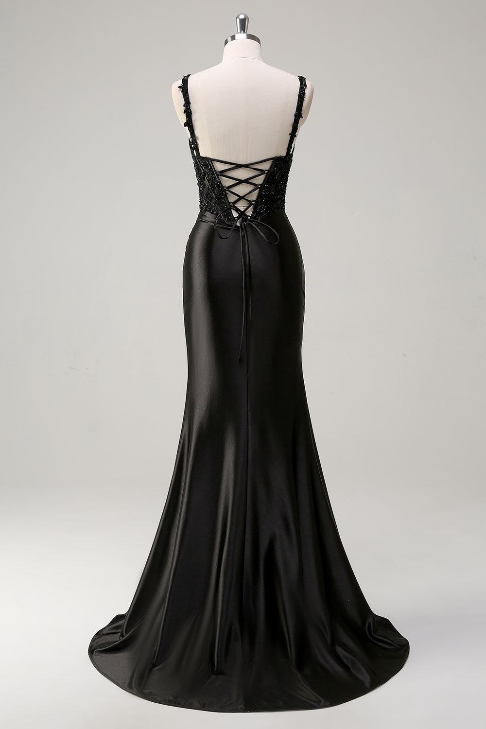 Noir fourreau spaghetti bretelles Corset perlé Robe de soirée avec fente