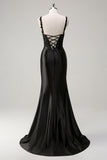 Noir fourreau spaghetti bretelles Corset perlé Robe de soirée avec fente