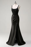Noir fourreau spaghetti bretelles Corset perlé Robe de soirée avec fente