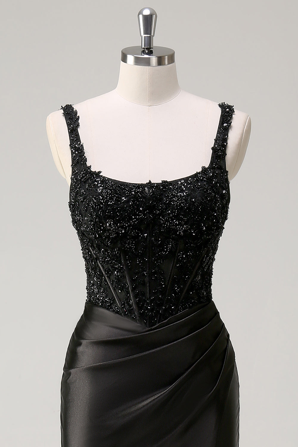 Noir fourreau spaghetti bretelles Corset perlé Robe de soirée avec fente