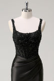 Noir fourreau spaghetti bretelles Corset perlé Robe de soirée avec fente
