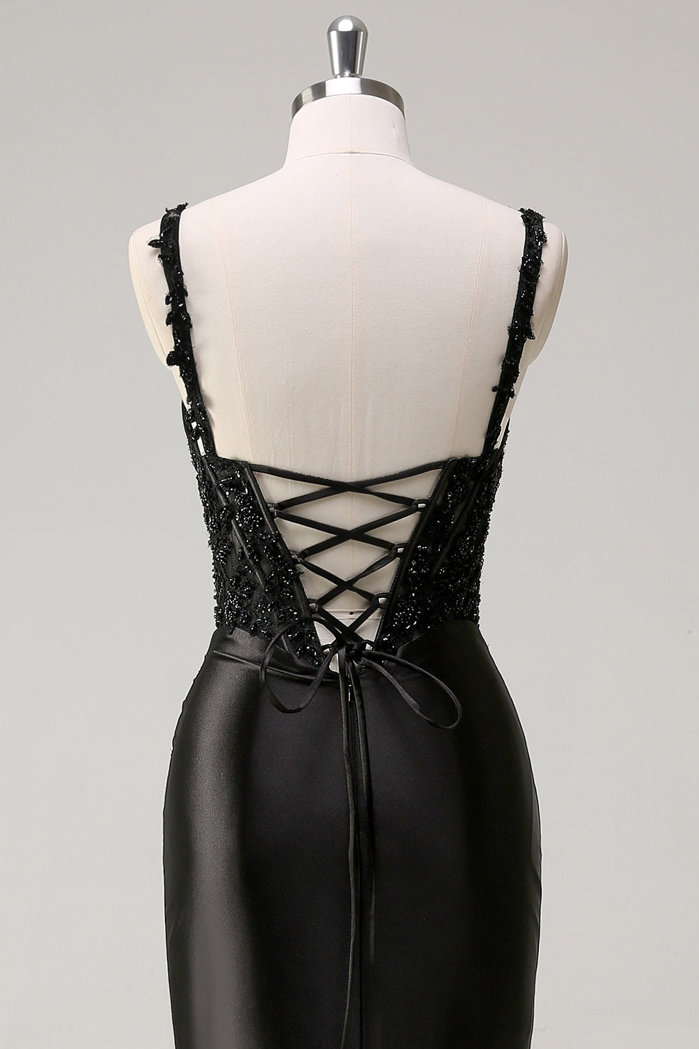 Noir fourreau spaghetti bretelles Corset perlé Robe de soirée avec fente