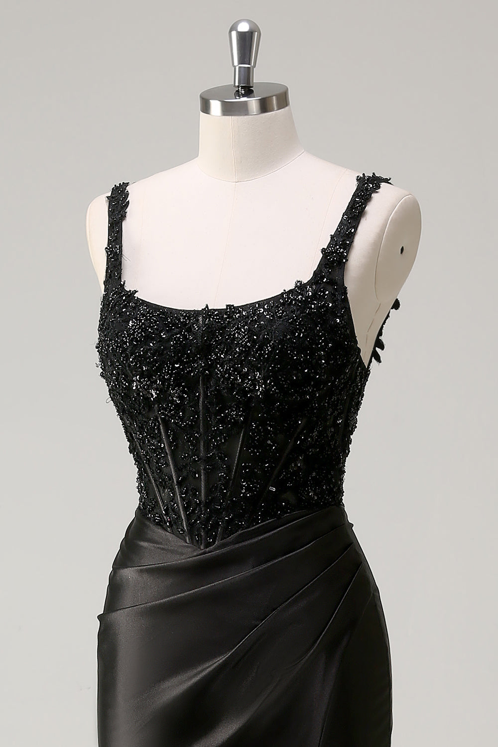 Noir fourreau spaghetti bretelles Corset perlé Robe de soirée avec fente
