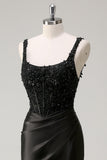 Noir fourreau spaghetti bretelles Corset perlé Robe de soirée avec fente