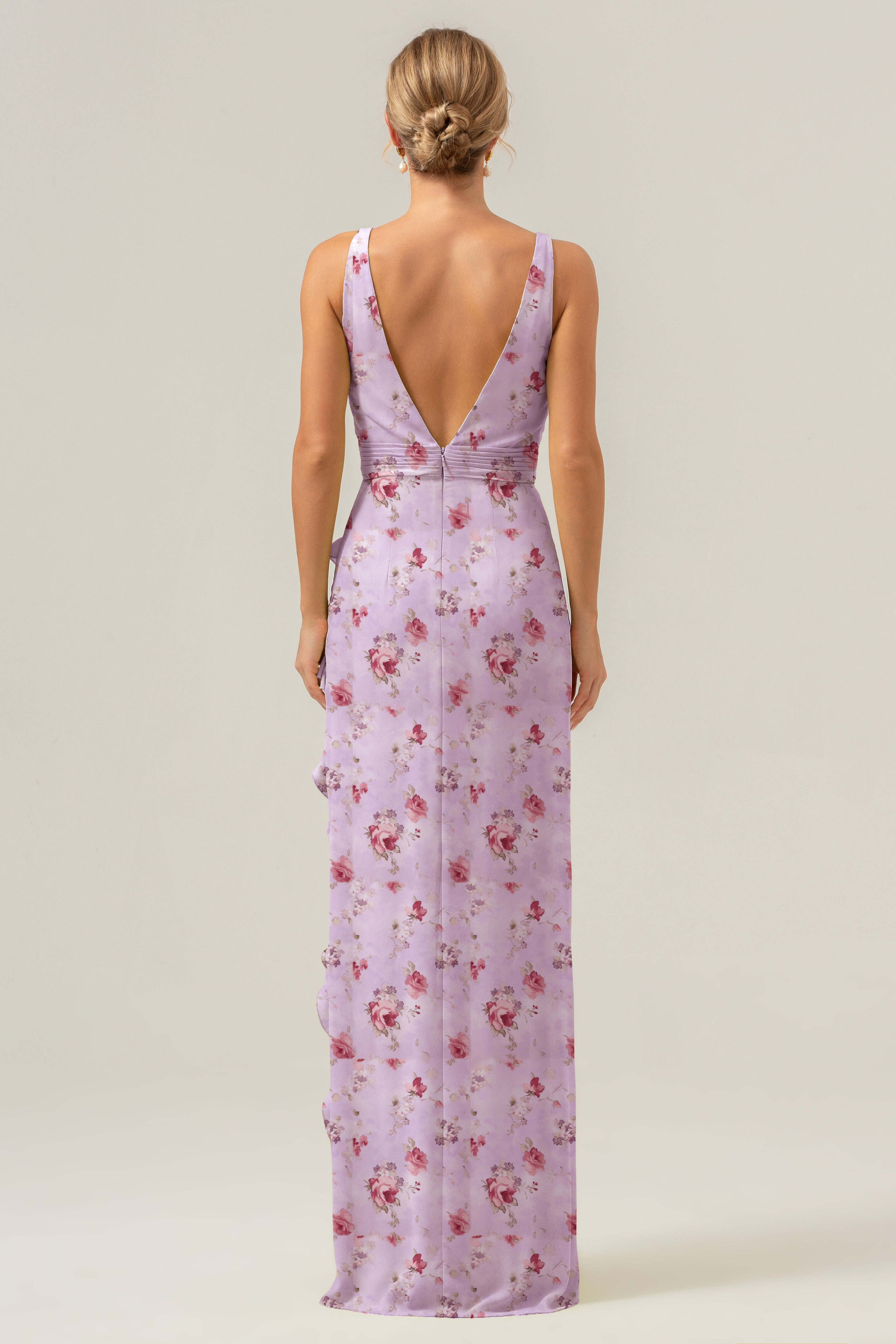 Fleur Bleue Fourreau Col V Profond Dos Nu Longue Robe de Demoiselle D’honneur Avec Fente À Volants