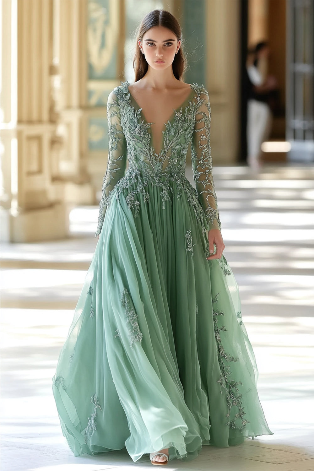 Robe de bal vert sauge trapèze à col en V