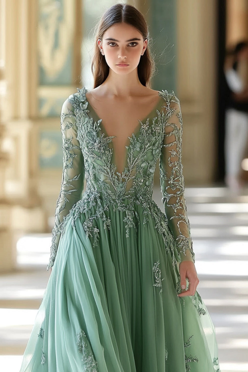 Robe de bal vert sauge trapèze à col en V
