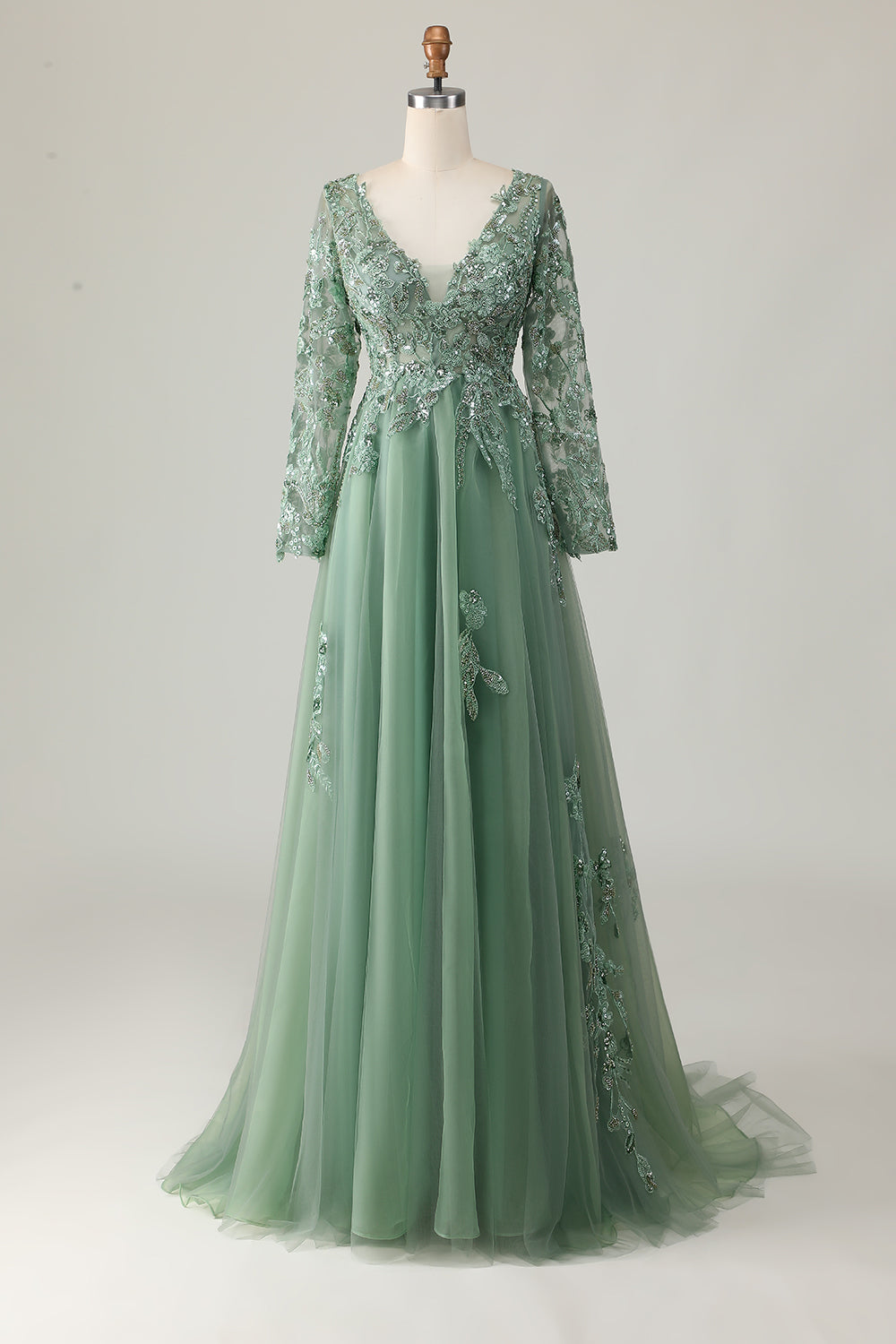Robe de bal vert sauge trapèze à col en V