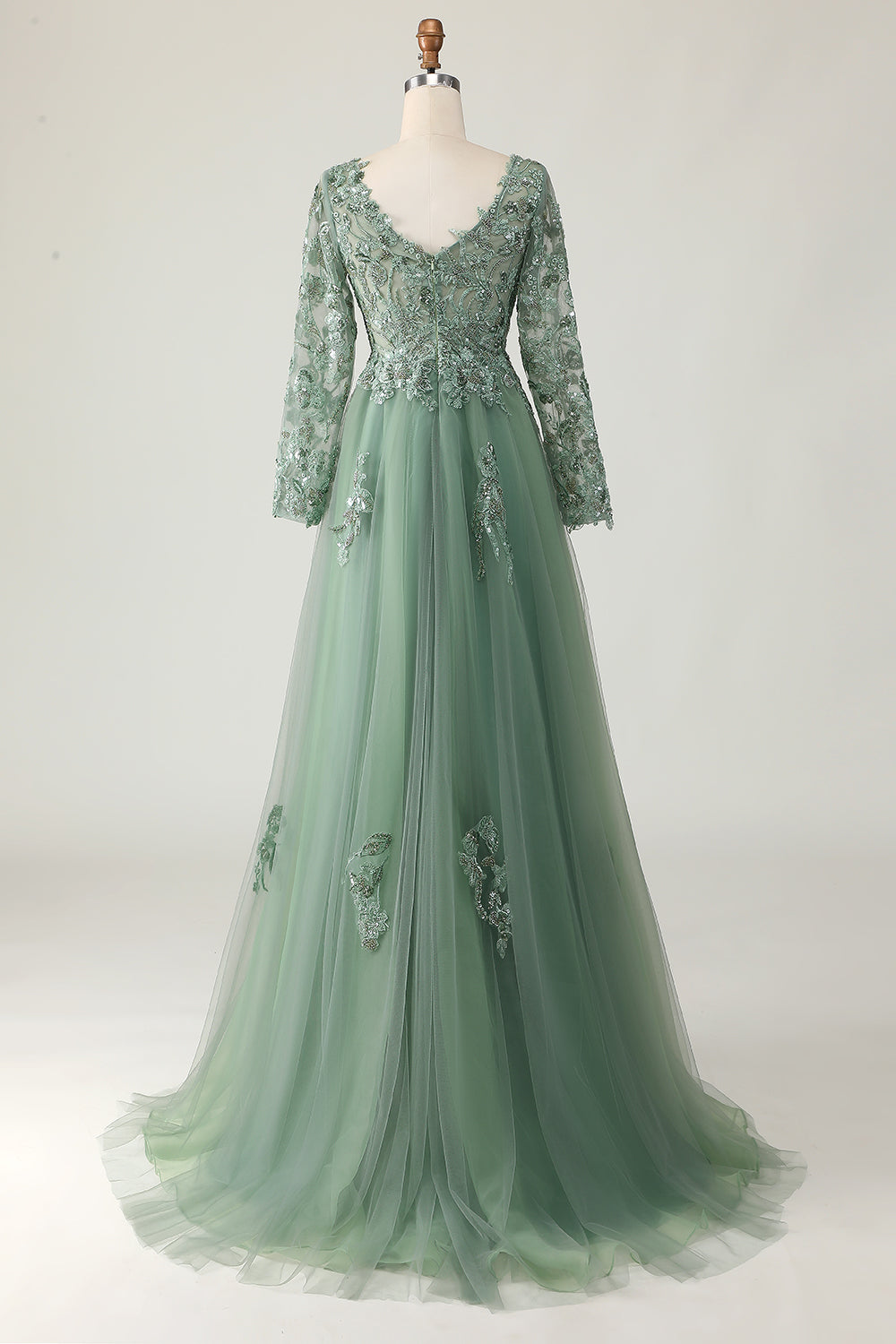 Robe de bal vert sauge trapèze à col en V
