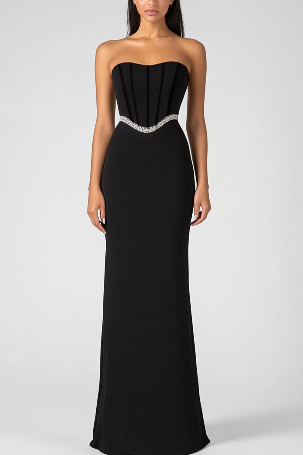 Robe formelle noire sans bretelles corset fourreau à paillettes