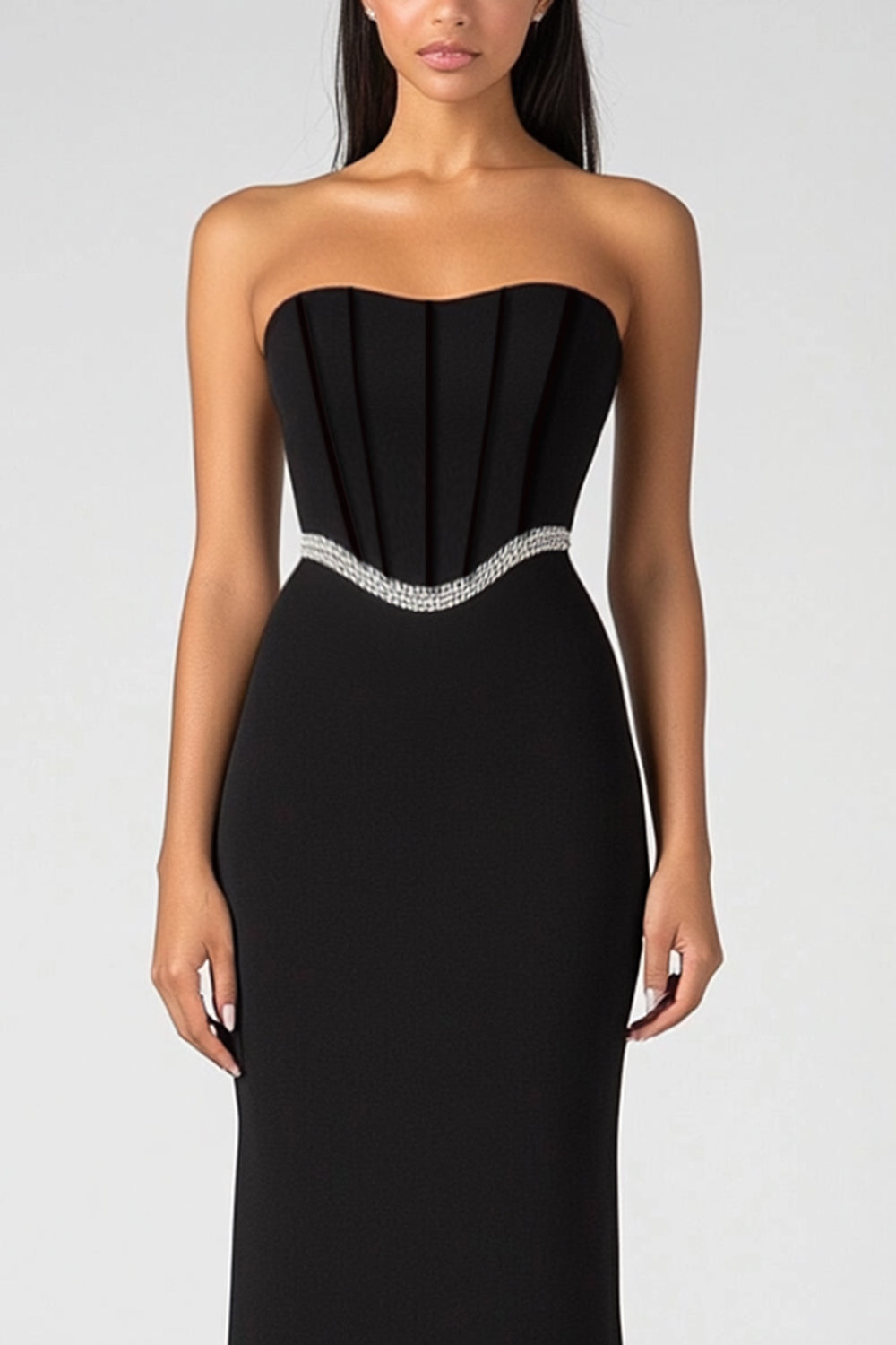 Robe formelle noire sans bretelles corset fourreau à paillettes