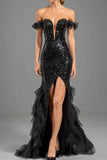 Robe formelle en tulle à sequins à épaules dénudées sirène noire