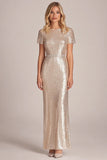 Abricot scintillant fourreau paillettes manches courtes robe longue mère de la mariée