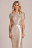 Abricot scintillant fourreau paillettes manches courtes robe longue mère de la mariée