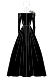 Satin noir col bateau manches longues Robe d’invité de mariage longue trapèze