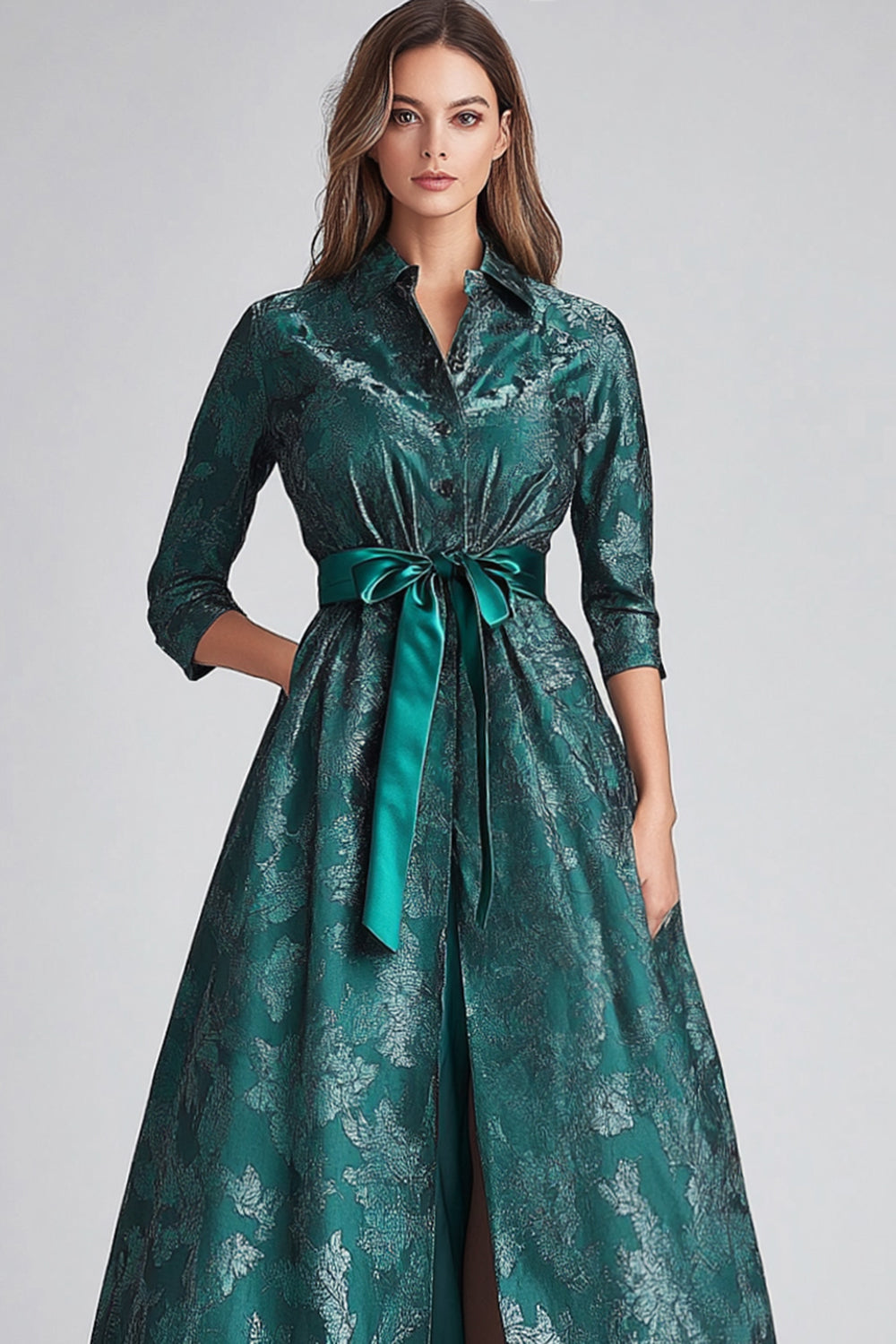 Vert foncé floral une ligne mère de la mariée robe avec poches