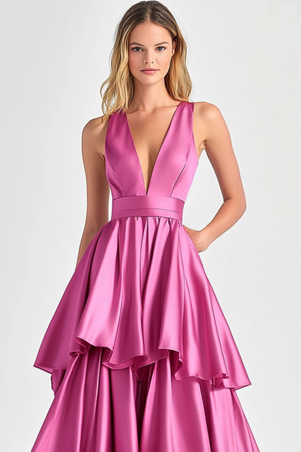 Robe de bal longue à volants à col en V trapèze