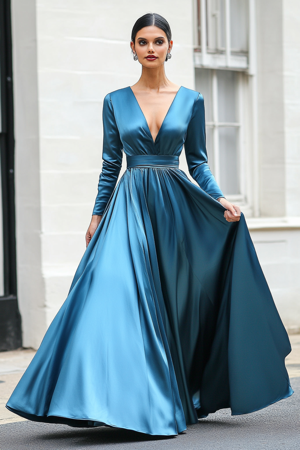 Bleu foncé trapèze col V manches longues robe de bal longue