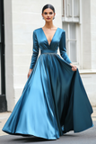 Bleu foncé trapèze col V manches longues robe de bal longue