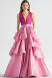 Robe de bal longue à volants à col en V rose vif