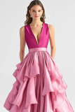 Robe de bal longue à volants à col en V rose vif