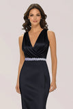 Sirène noire scintillante Wrap perlé col en V Robe longue formelle