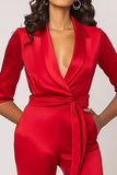 Rouge Châle Revers Manches Longues Combinaisons Formelées en satin