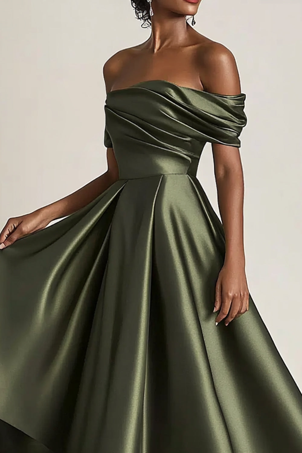 Olive A-ligne dénudé épaule froncé satin cheville longueur mère de la mariée robe