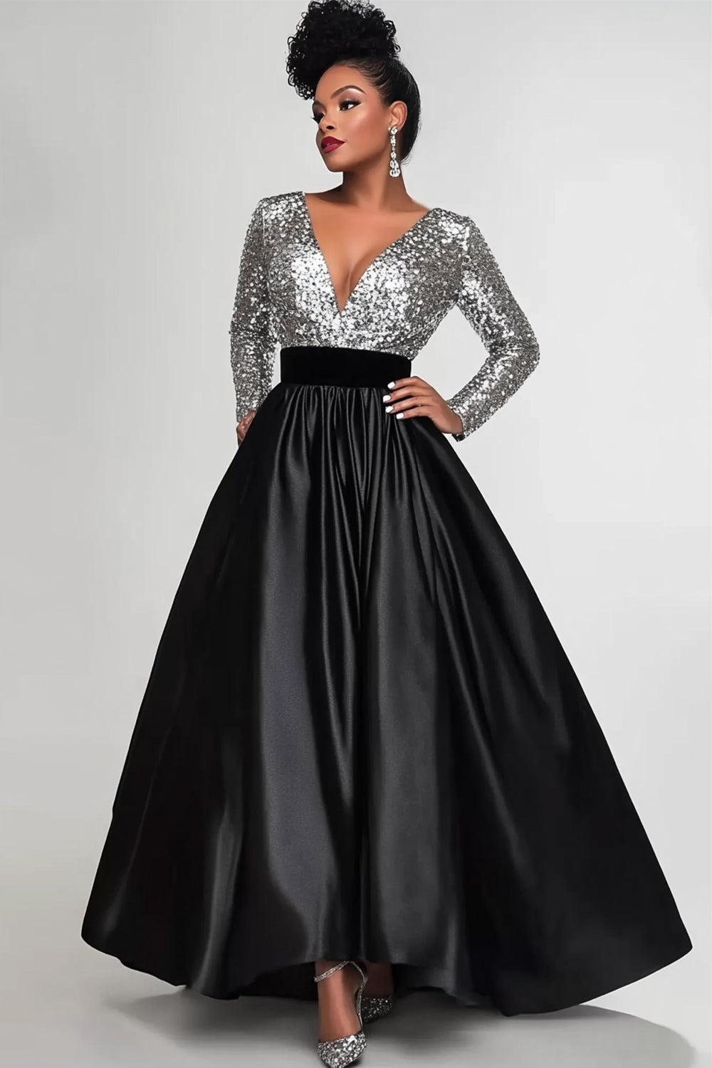 Robe longue à paillettes noire argentée à paillettes noire scintillante Mère de la mariée